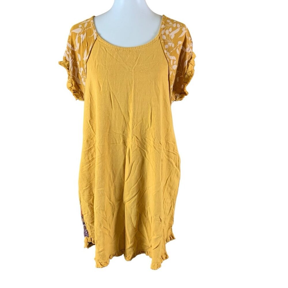 Umgee Mustard Floral Sleeve Dress M Boho Ruffle Hem Cottagecore Style